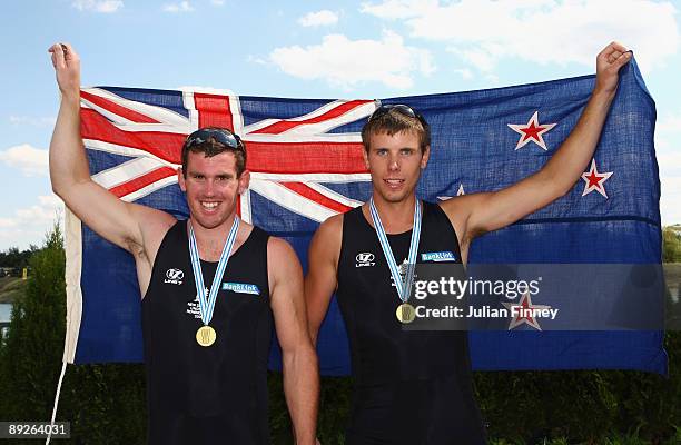 Robert Manson and Joseph Sullivan of New Zealand celebrate winning gold after the Men's Double Sculls Final during day four of the FISA World Rowing...