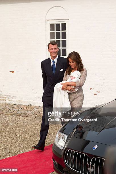 Prince Joachim and Princess Marie arrive for the Christening of Prince Hein Carl Joachim Alain of Denmark at Mogeltonder Church on July 26, 2009 in...