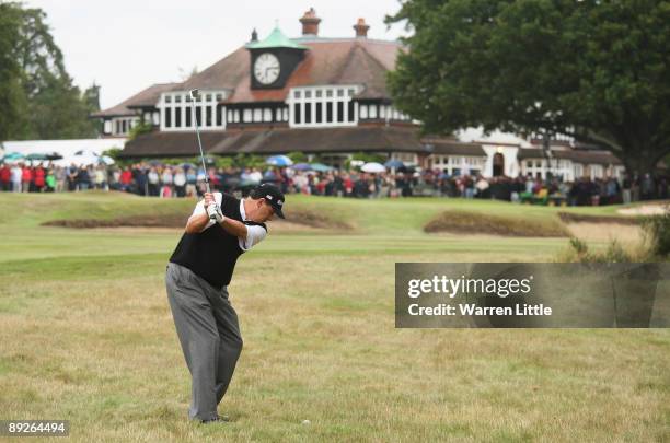 Loren Roberts of the USA plays his second shot into the 18th green in regulation en-route to winning The Senior Open Championship presented by...