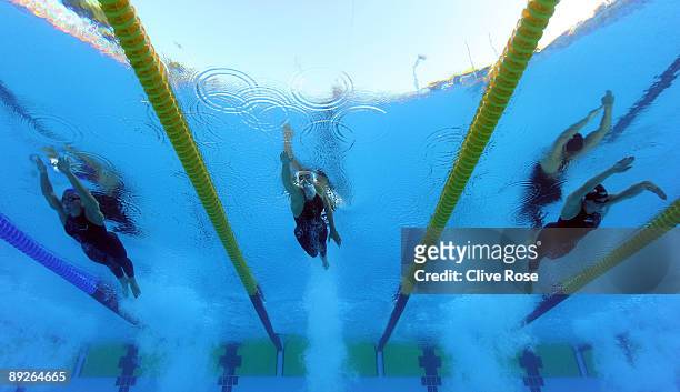 Joanne Jackson of Great Britain, Federica Pellegrini of Italy and Allison Schmitt of the United States compete in the Women's 400m Freestyle Final...