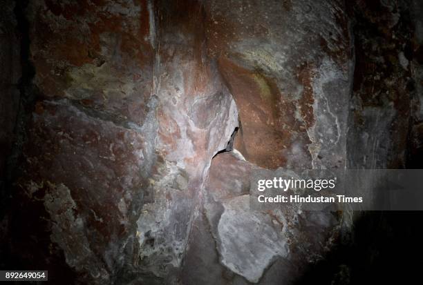 Cracks seen inside the dome of Jama Masjid as result of eroded sandstone on December 13, 2017 in New Delhi, India. The 17th century mosque built by...