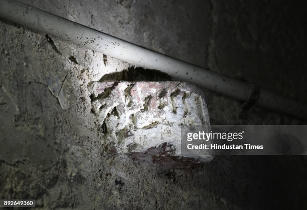 Cracks seen inside the dome of Jama Masjid as result of eroded sandstone on December 13, 2017 in New Delhi, India. The 17th century mosque built by...
