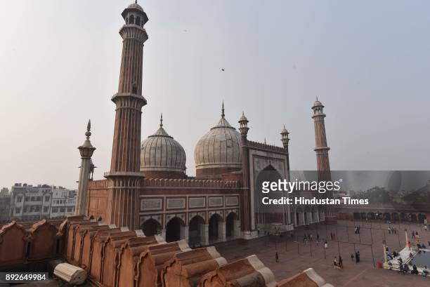 View of the Jama Masjid on December 13, 2017 in New Delhi, India. The 17th century mosque built by Mughal emperor Shahjahan has started degenerating...