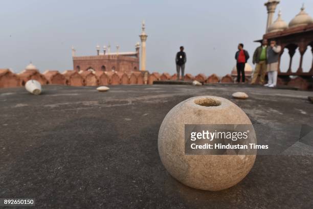 Piece of marble broken from the Jama Masjid dome is seen lying on December 13, 2017 in New Delhi, India. The 17th century mosque built by Mughal...