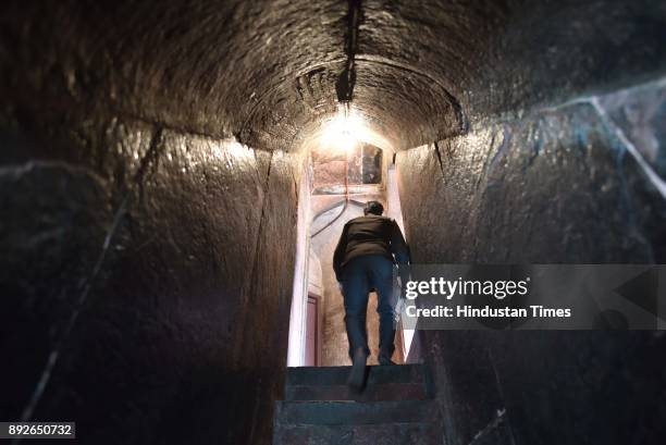 View of the passage leading towards the Jama Masjid minar on December 13, 2017 in New Delhi, India. The 17th century mosque built by Mughal emperor...