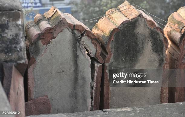 Cracks seen in the sandstone slabs at Jama Masjid on December 14, 2017 in New Delhi, India. The 17th century mosque built by Mughal emperor Shahjahan...