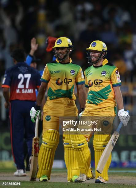 Fakhar Zaman and Liam Dawson during the T10 League match between Maratha Arabians and Pakhtoons at Sharjah Cricket Stadium on December 14, 2017 in...