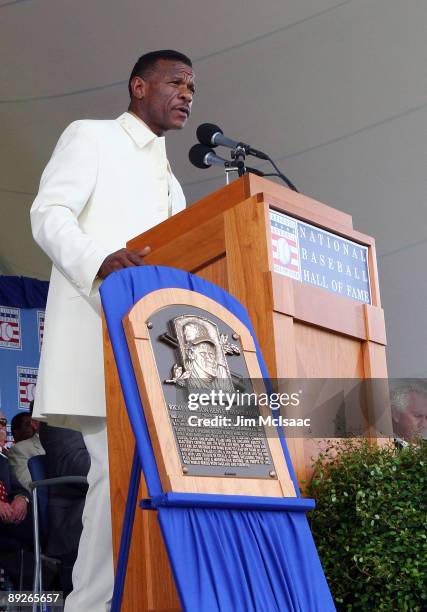 Rickey Henderson gives his induction speech at Clark Sports Center during the Baseball Hall of Fame induction ceremony on July 26, 2009 in...