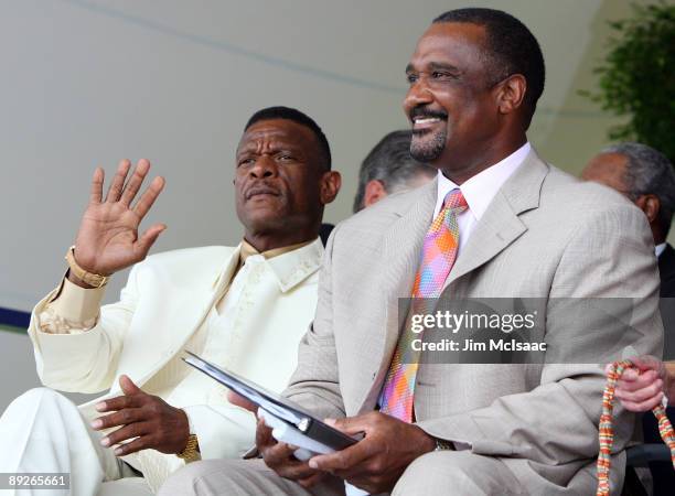 Inductees Rickey Henderson and Jim Rice look on at Clark Sports Center during the Baseball Hall of Fame induction ceremony on July 26, 2009 in...