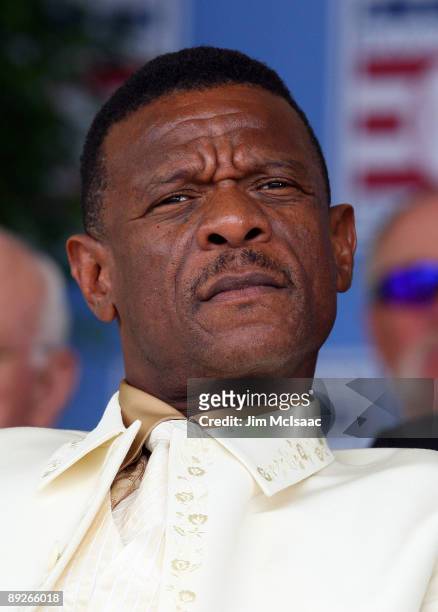 Inductee Rickey Henderson looks on at Clark Sports Center during the Baseball Hall of Fame induction ceremony on July 26, 2009 in Cooperstown, New...