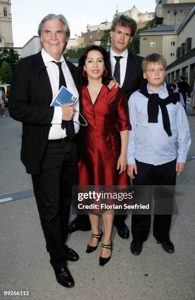 Actor Peter Simonischek, Brigitte Karnar and Benedikt Simonischekand Kaspar Simonischek leave the premiere of 'Everyman' during the Salzburg Festival...