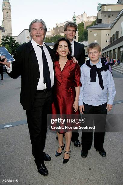 Actor Peter Simonischek, Brigitte Karnar and Benedikt Simonischekand Kaspar Simonischek leave the premiere of 'Everyman' during the Salzburg Festival...