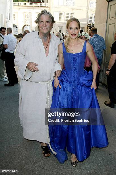 Actors Peter Simonischek and Sophie von Kessel leave the premiere of 'Everyman' during the Salzburg Festival at Domplatz on July 26, 2009 in...