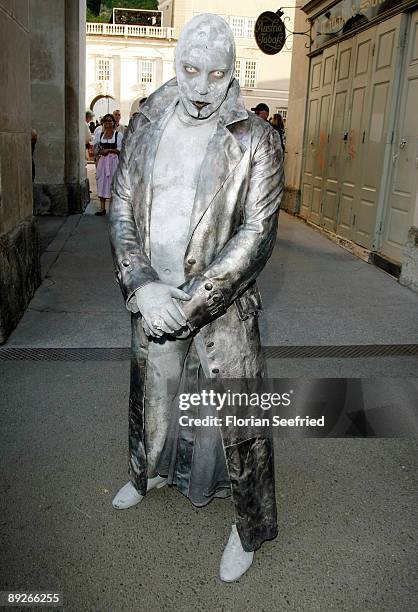 Actor Ben Becker as 'the Death' leaves the premiere of 'Everyman' during the Salzburg Festival at Domplatz on July 26, 2009 in Salzburg, Austria.