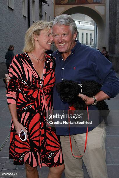 Writer Hera Lind and husband Engelbert Lainer attends the premiere of 'Everyman' during the Salzburg Festival at Domplatz on July 26, 2009 in...