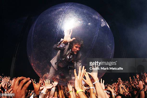 Wayne Coyne of The Flaming Lips performs on stage during the Splendour in the Grass festival at Belongil Fields on July 26, 2009 in Byron Bay,...