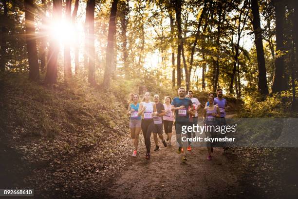 full längd stor grupp av idrottare ett maratonlopp genom skogen. - halvmaraton bildbanksfoton och bilder