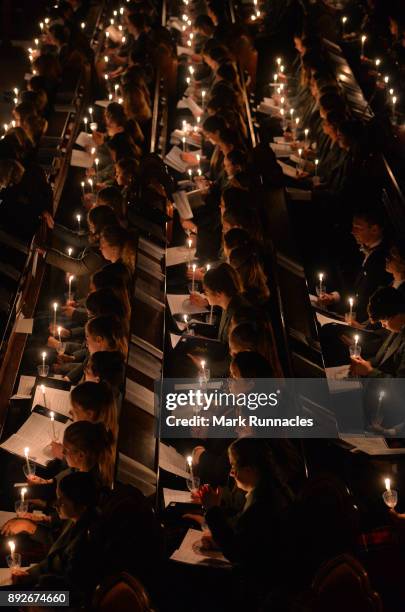 Pupils at Glenalmond College take part in its annual Candlelit Service in the school's Gothic Chapel on December 14, 2017 in Perth, Scotland. The...