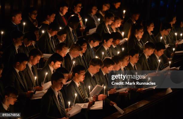 Pupils at Glenalmond College take part in its annual Candlelit Service in the school's Gothic Chapel on December 14, 2017 in Perth, Scotland. The...