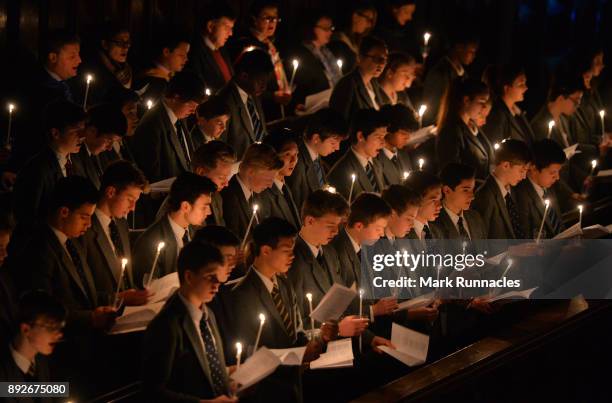 Pupils at Glenalmond College take part in its annual Candlelit Service in the school's Gothic Chapel on December 14, 2017 in Perth, Scotland. The...