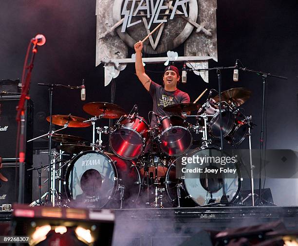 Dave Lombardo of SLAYER performs in concert at the Rockstar Energy Drink Mayhem Festival at Verizon Wireless Music Center on July 25, 2009 in...