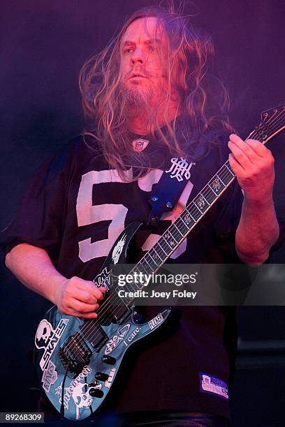 Jeff Hanneman of SLAYER performs in concert at the Rockstar Energy Drink Mayhem Festival at Verizon Wireless Music Center on July 25, 2009 in...