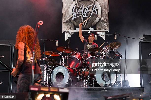 Dave Lombardo of SLAYER performs in concert at the Rockstar Energy Drink Mayhem Festival at Verizon Wireless Music Center on July 25, 2009 in...