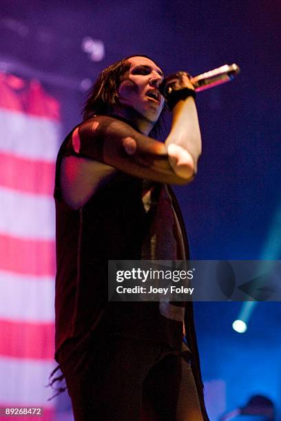 Marilyn Manson performs in concert at the Rockstar Energy Drink Mayhem Festival at Verizon Wireless Music Center on July 25, 2009 in Noblesville,...