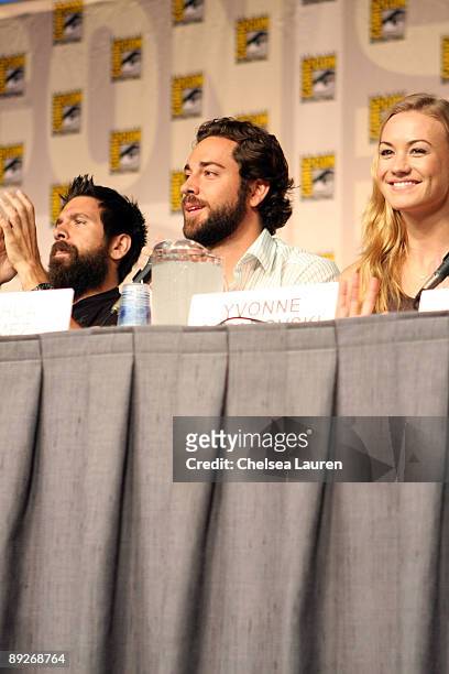 Actors Joshua Gomez, Zachary Levi, and Sarah Lancaster attends the "Chuck" panel on day 3 of the 2009 Comic-Con International Convention on July 25,...