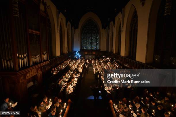 Pupils at Glenalmond College take part in its annual Candlelit Service in the school's Gothic Chapel on December 14, 2017 in Perth, Scotland. The...