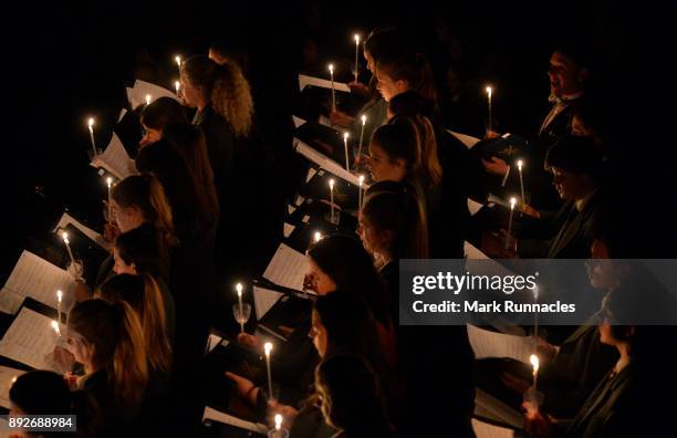 Pupils at Glenalmond College take part in its annual Candlelit Service in the school's Gothic Chapel on December 14, 2017 in Perth, Scotland. The...