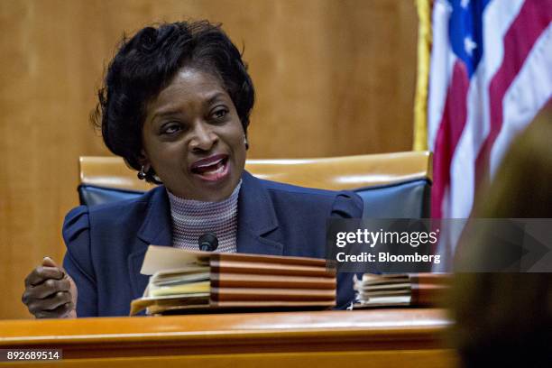 Mignon Clyburn, commissioner at the Federal Communications Commission , speaks during an open commission meeting in Washington, D.C., U.S., on...