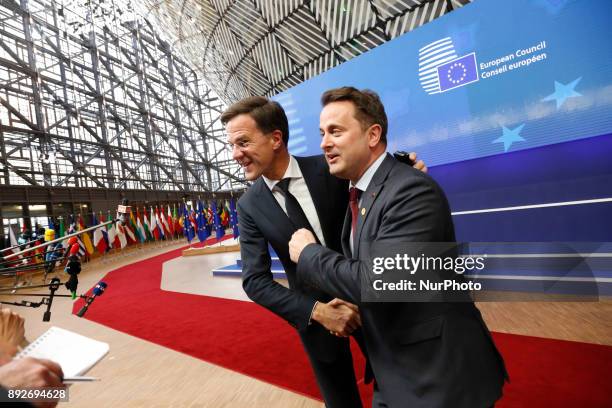 Xavuer Bettel, Prime Minister of Luxemburg greeting Mark Rutte, Prime Minister of Netherlands in Europa building in Brussels, Belgium for European...