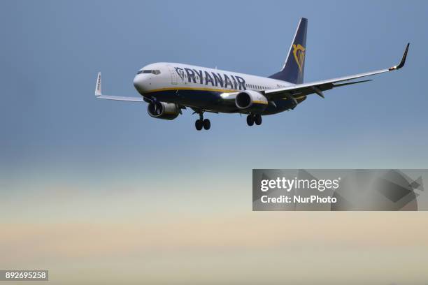 Ryanair plane is about to land on the runway at Dublin airport. Passengers are facing severe travel disruption after Ryanair pilots in Ireland,...