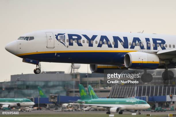 Ryanair plane is about to land on the runway at Dublin airport. Passengers are facing severe travel disruption after Ryanair pilots in Ireland,...