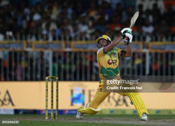 Shahid Afridi of Pakhtoons bats during the T10 League match between Maratha Arabians and Pakhtoons at Sharjah Cricket Stadium on December 14, 2017 in...