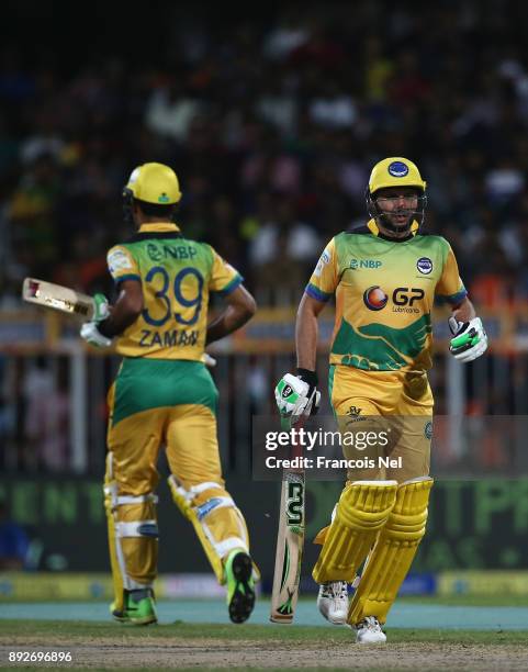 Shahid Afridi of Pakhtoons bats during the T10 League match between Maratha Arabians and Pakhtoons at Sharjah Cricket Stadium on December 14, 2017 in...