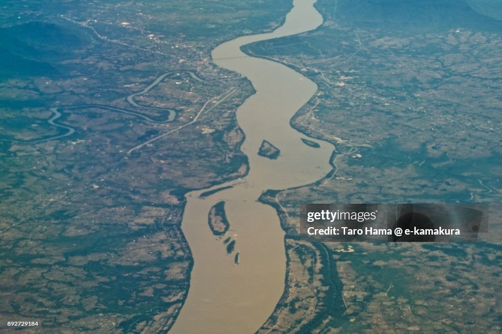 Mekong river, border of Thailand and Laos daytime aerial view from airplane