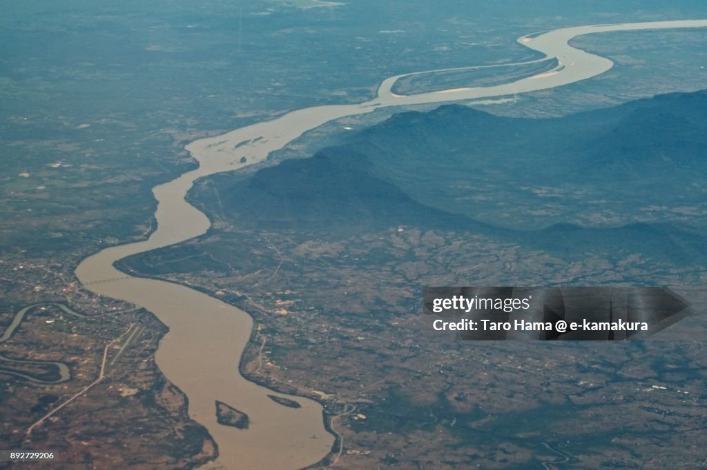 Mekong river, border of Thailand and Laos daytime aerial view from airplane
