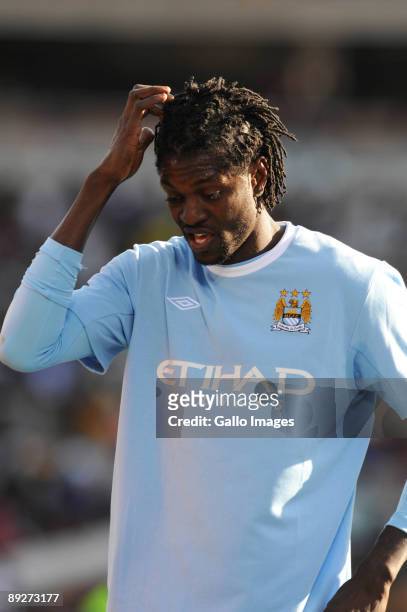 Emanuel Adebayor of Manchester City looks down during the final of the 2009 Vodacom Challenge match between Kaizer Chiefs and Manchester City from...