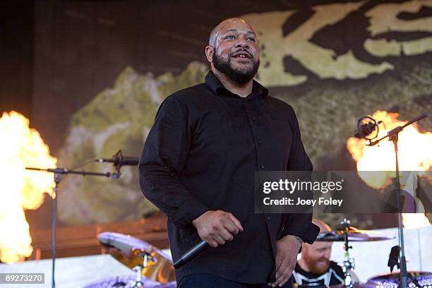 Howard Jones of Killswitch Engage performs in concert at the Rockstar Energy Drink Mayhem Festival at Verizon Wireless Music Center on July 25, 2009...