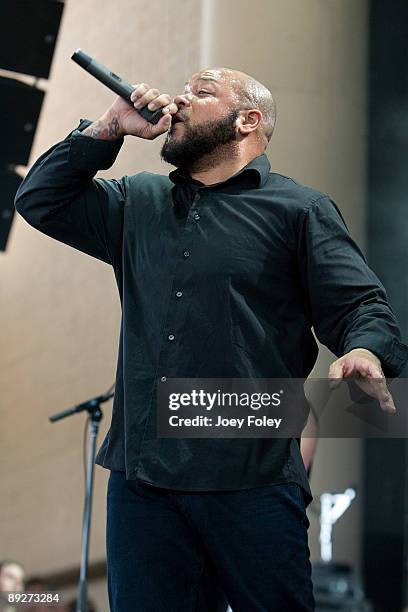 Howard Jones of Killswitch Engage performs in concert at the Rockstar Energy Drink Mayhem Festival at Verizon Wireless Music Center on July 25, 2009...