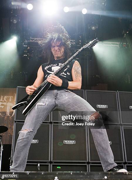 Matt Tuck of Bullet for My Valentine performs in concert at the Rockstar Energy Drink Mayhem Festival at Verizon Wireless Music Center on July 25,...