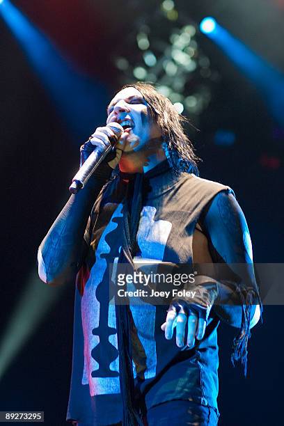 Marilyn Manson performs in concert at the Rockstar Energy Drink Mayhem Festival at Verizon Wireless Music Center on July 25, 2009 in Noblesville,...