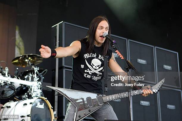 Matt Tuck of Bullet for My Valentine performs in concert at the Rockstar Energy Drink Mayhem Festival at Verizon Wireless Music Center on July 25,...