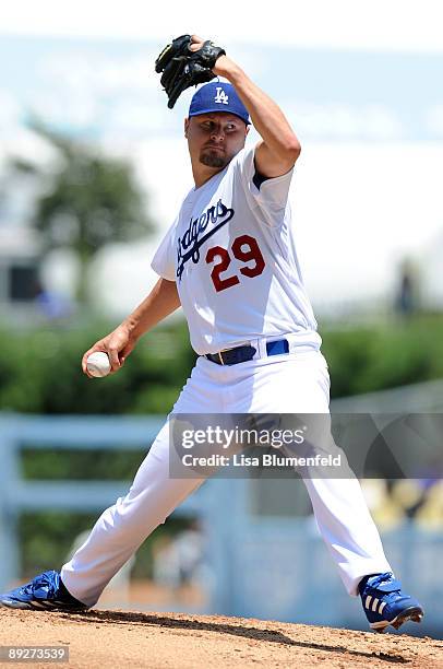 Jason Schmidt of the Los Angeles Dodgers pitches against the Florida Marlins at Dodger Stadium on July 26, 2009 in Los Angeles, California.