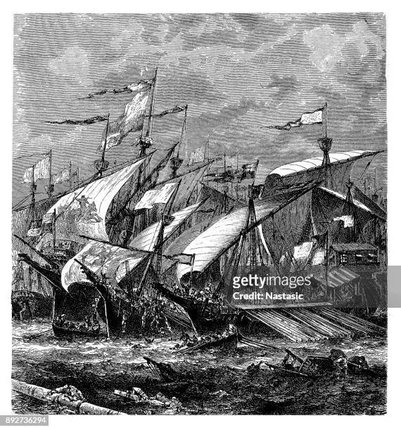 ilustraciones, imágenes clip art, dibujos animados e iconos de stock de la lucha del gran mar de sluys, batalla de sluys - hundred years war