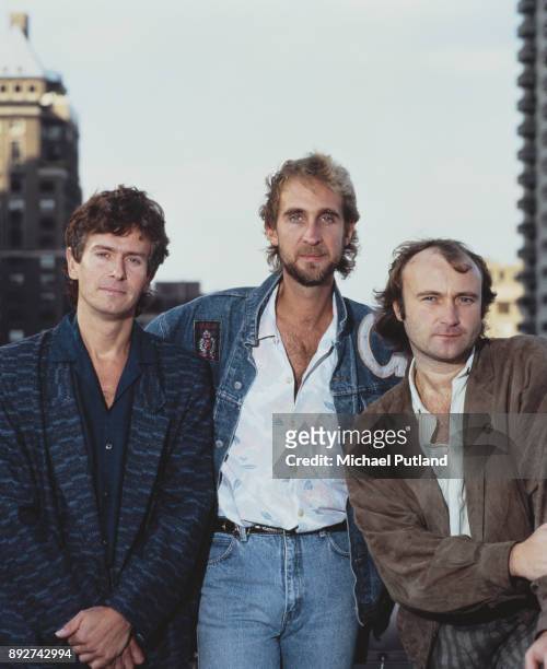 English rock group Genesis in Rosemont, Illinois, during the band's Invisible Touch Tour, October 1986. Left to right: keyboard player Tony Banks,...