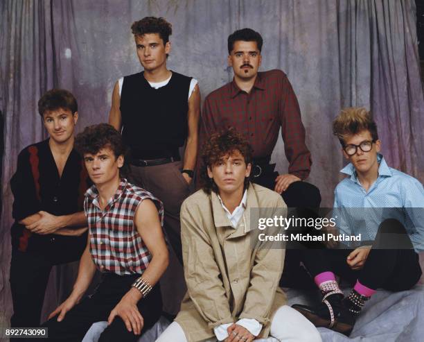 Australian rock band INXS, circa 1983, not in order: guitarist/saxophonist Kirk Pengilly, singer Michael Hutchence, drummer Jon Farriss, bassist...