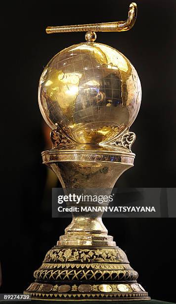 The 2010 Men's Hockey World Cup trophy is seen at a press conference in New Delhi on July 27, 2009. India will host the 2010 Men's Hockey World Cup...